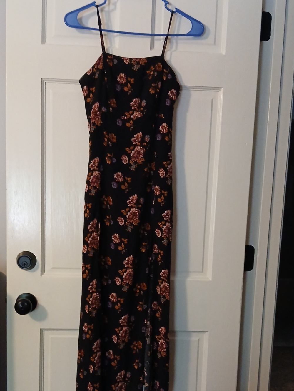 Floral Spaghetti Strap Maxi Dress - Black with       Dark Maroon to Pink Floral